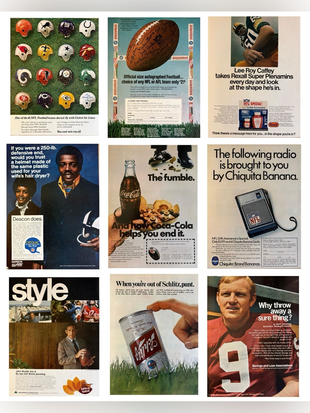 Lot of 9 Vintage 1969 NFL Football Magazine Ads + 50th Anniversary Schedule